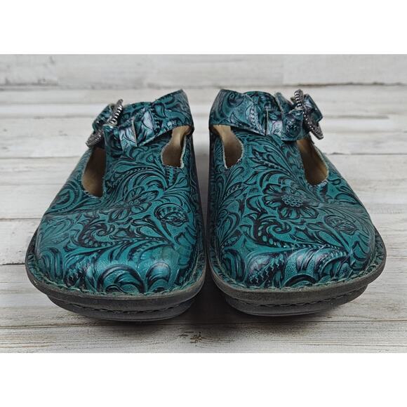 ALEGRIA Mules, Clogs, Slip Ons Greenish/Bluish Leather w/a Floral Pattern - Picture 3 of 8